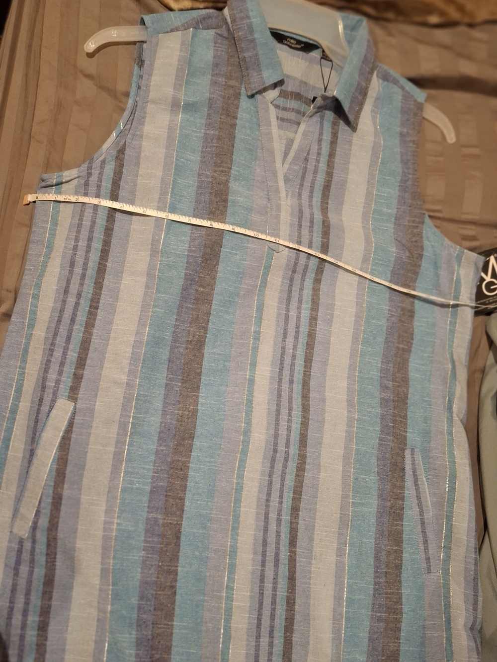 Mlle Gabrielle Blue and White Striped Sleeveless High-Low Dress - Picture 12 of 16